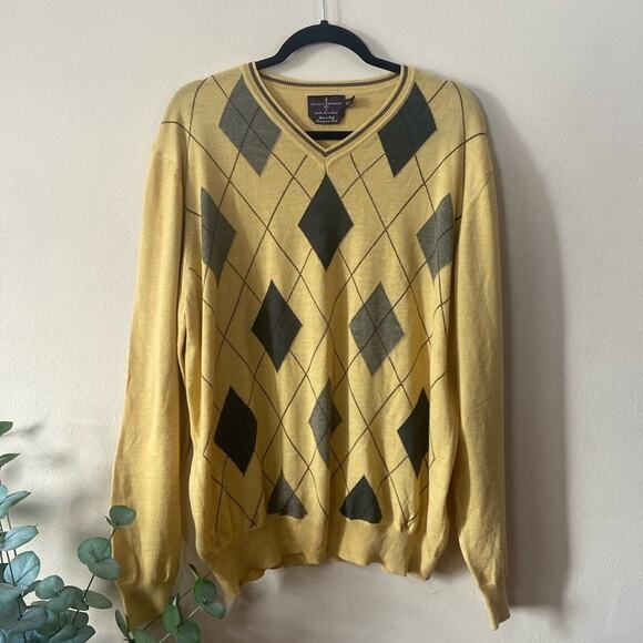 Men's Black Brown 1826 Wool Sweater Yellow Argyle XXL Big Tall Fall Winter - Picture 1 of 6